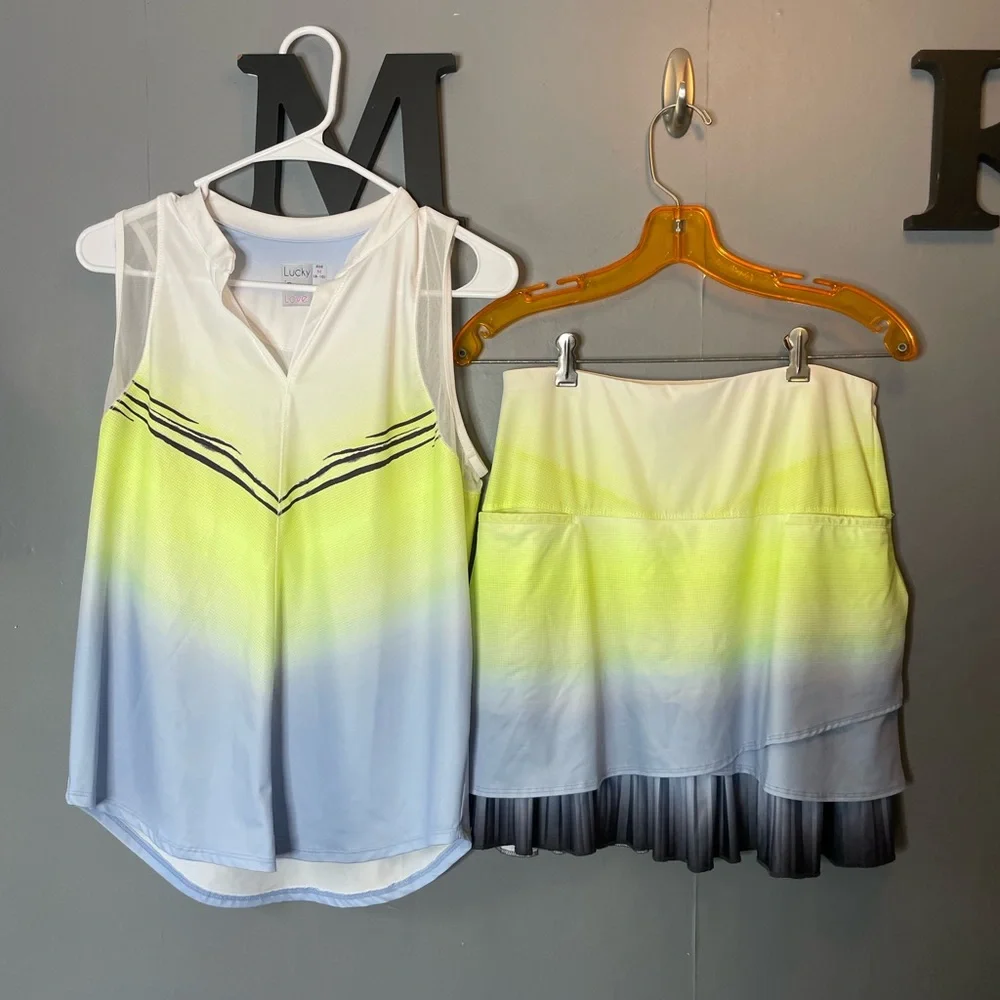 Lucky in Love Women's Gradient Tennis Tank/Skirt - Neon Yellow & Light Blue MED